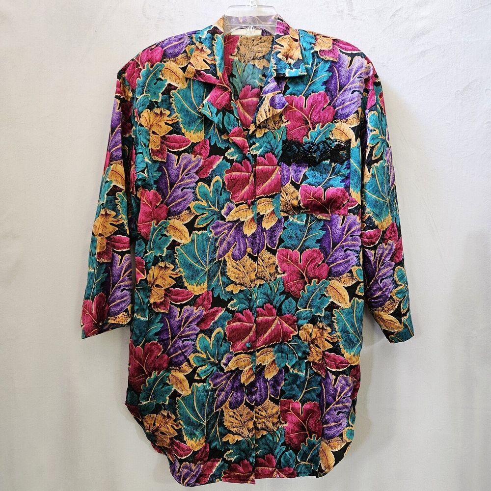 Valerie Stevens S Silk Tunic Blouse Multicolor Leaves Print Pocket Lightweight